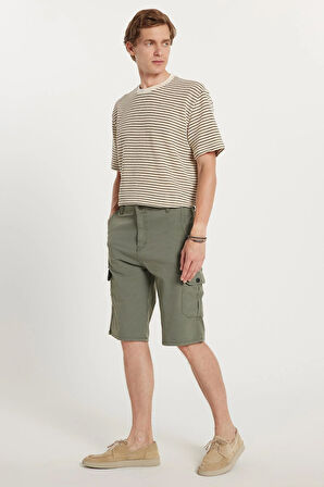 Erkek Relax Fit Rahat Kesim %100 Pamuk Kargo Cep Haki Kapri Şort