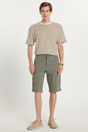 Erkek Relax Fit Rahat Kesim %100 Pamuk Kargo Cep Haki Kapri Şort