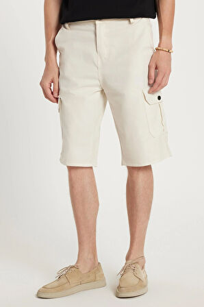 Erkek Relax Fit Rahat Kesim %100 Pamuk Kargo Cep Bej Kapri Şort