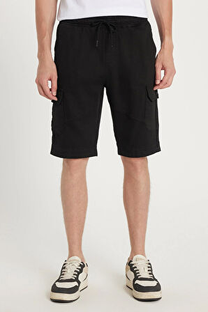 Erkek Relax Fit Rahat Kesim %100 Pamuk Kargo Cep Siyah Kapri Şort