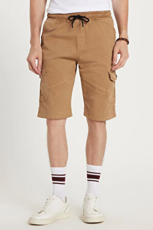 Erkek Relax Fit Rahat Kesim %100 Pamuk Kargo Cep Camel Kapri Şort