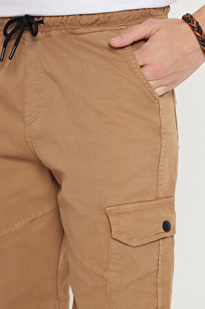Erkek Relax Fit Rahat Kesim %100 Pamuk Kargo Cep Camel Kapri Şort