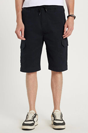 Erkek Relax Fit Rahat Kesim %100 Pamuk Kargo Cep Lacivert Kapri Şort