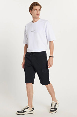 Erkek Relax Fit Rahat Kesim %100 Pamuk Kargo Cep Lacivert Kapri Şort