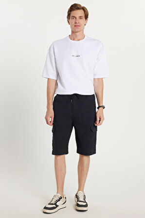 Erkek Relax Fit Rahat Kesim %100 Pamuk Kargo Cep Lacivert Kapri Şort