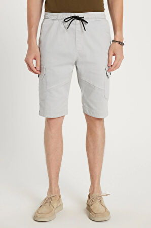 Erkek Relax Fit Rahat Kesim %100 Pamuk Kargo Cep Açık Gri Kapri Şort