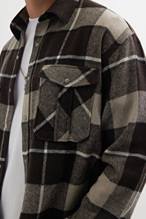 Erkek Relax Fit Rahat Kesim Oduncu Çift Cep Düğmeli Kareli Kışlık Gömlek