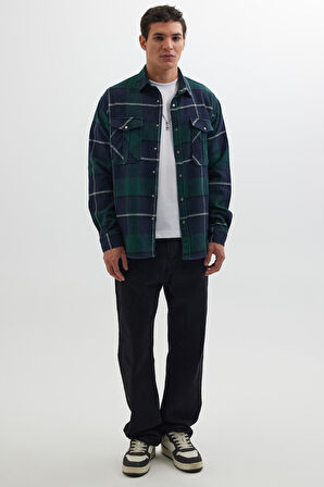 Erkek Relax Fit Rahat Kesim Oduncu Çift Cep Düğmeli Kareli Kışlık Gömlek