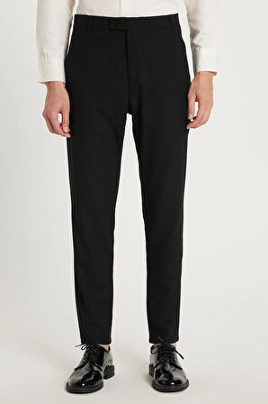 Erkek Slim Fit Dar Kesim Chino Yandan Cepli Pamuklu Siyah Pantolon
