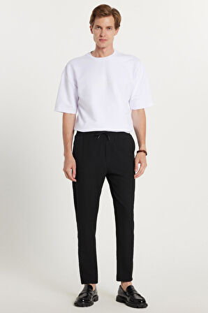 Erkek Slim Fit Dar Kesim Pamuklu Lastikli Beli Bağcıklı Siyah Pantolon