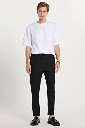 Erkek Slim Fit Dar Kesim Pamuklu Lastikli Beli Bağcıklı Siyah Pantolon