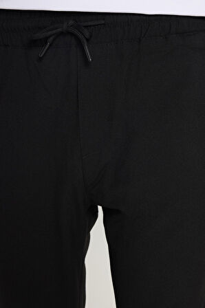 Erkek Slim Fit Dar Kesim Pamuklu Lastikli Beli Bağcıklı Siyah Pantolon