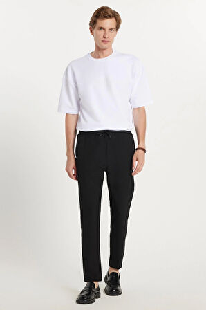Erkek Slim Fit Dar Kesim Pamuklu Lastikli Beli Bağcıklı Siyah Pantolon