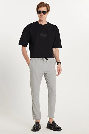 Erkek Slim Fit Dar Kesim Pamuklu Lastikli Beli Bağcıklı Gri Pantolon