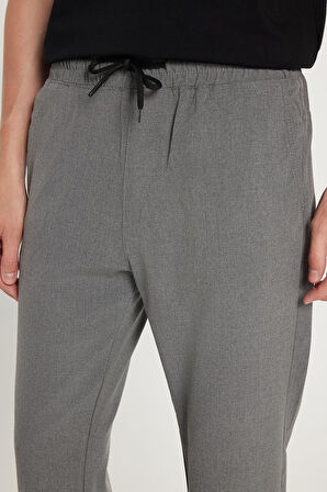 Erkek Slim Fit Dar Kesim Pamuklu Lastikli Beli Bağcıklı Koyu Gri Pantolon