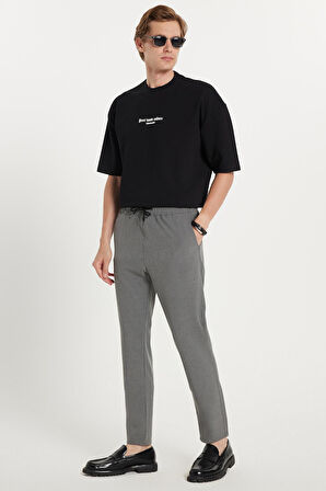 Erkek Slim Fit Dar Kesim Pamuklu Lastikli Beli Bağcıklı Koyu Gri Pantolon