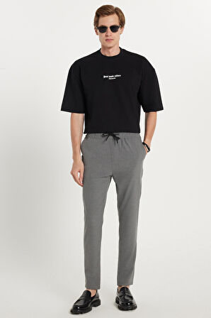 Erkek Slim Fit Dar Kesim Pamuklu Lastikli Beli Bağcıklı Koyu Gri Pantolon