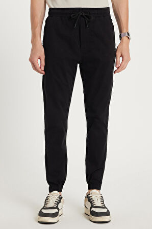 Erkek Slim Fit Dar Kesim Pamuklu Normal Bel Lastikli Paça Siyah Pantolon