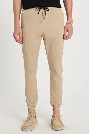 Erkek Slim Fit Dar Kesim Pamuklu Normal Bel Lastikli Paça Bej Renk Pantolon