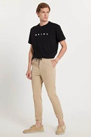 Erkek Slim Fit Dar Kesim Pamuklu Normal Bel Lastikli Paça Bej Renk Pantolon