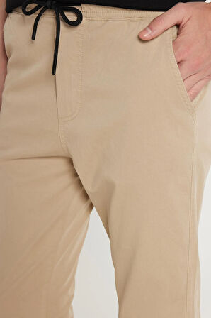 Erkek Slim Fit Dar Kesim Pamuklu Normal Bel Lastikli Paça Bej Renk Pantolon
