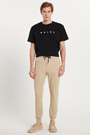 Erkek Slim Fit Dar Kesim Pamuklu Normal Bel Lastikli Paça Bej Renk Pantolon