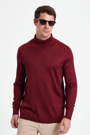 Slim Fit Tam Boğazlı Yaka Düz Yün Bordo Erkek Triko Kazak
