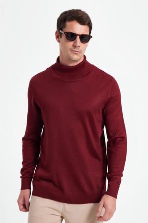 Slim Fit Tam Boğazlı Yaka Düz Yün Bordo Erkek Triko Kazak