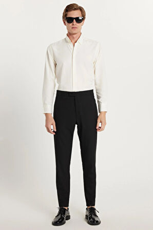 Erkek Slim Fit Dar Kesim Chino Yandan Cepli Pamuklu Siyah Pantolon