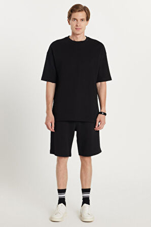 Erkek Standart Fit %100 Pamuk Bisiklet Yaka Beli Bağcıklı Siyah Şort Takım