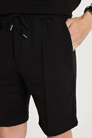 Erkek Oversize Geniş Kesim Bisiklet Yaka Gofre Kumaş Beli Bağcıklı Siyah Şort Takım