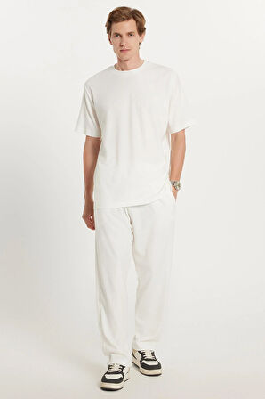 Erkek Oversize Geniş Kesim Beli Lastikli Bağcıklı Bisiklet Yaka Ekru Eşofman Takımı