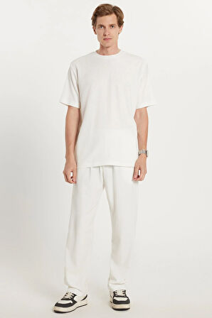 Erkek Oversize Geniş Kesim Beli Lastikli Bağcıklı Bisiklet Yaka Ekru Eşofman Takımı