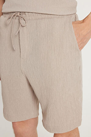 Erkek Oversize Geniş Kesim Bisiklet Yaka Gofre Kumaş Beli Bağcıklı Taş Renk Şort Takım