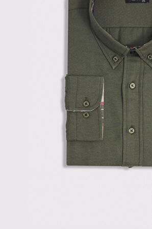 Erkek Big Size Büyük Beden Uzun Kollu Pamuklu Oxford Doku Tek Cepli Yeşil Düğmeli Yaka Gömlek