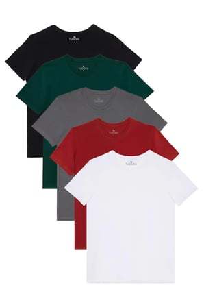 Unisex 5'li Paket Beyaz-Kırmızı-Gri-Yeşil-Siyah Slim Fit Dar Kesim %100 Pamuk Bisiklet Yaka Tişört