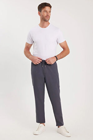 Erkek Regular Fit Beli Lastikli Bağcıklı Jogger Koyu Gri Pantolon Rahat Kesim Yan Cepli