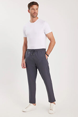 Erkek Regular Fit Beli Lastikli Bağcıklı Jogger Koyu Gri Pantolon Rahat Kesim Yan Cepli