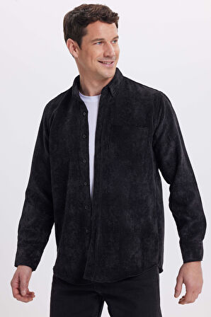 Erkek Regular Fit Rahat Kesim Fitilli Kadife Görünüm Düğmeli Yaka Siyah Ceket Gömlek