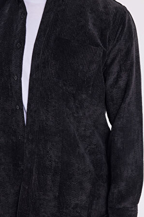 Erkek Regular Fit Rahat Kesim Fitilli Kadife Görünüm Düğmeli Yaka Siyah Ceket Gömlek