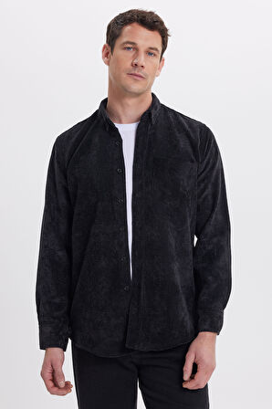Erkek Regular Fit Rahat Kesim Fitilli Kadife Görünüm Düğmeli Yaka Siyah Ceket Gömlek