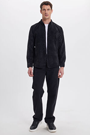 Erkek Regular Fit Rahat Kesim Fitilli Kadife Görünüm Düğmeli Yaka Siyah Ceket Gömlek