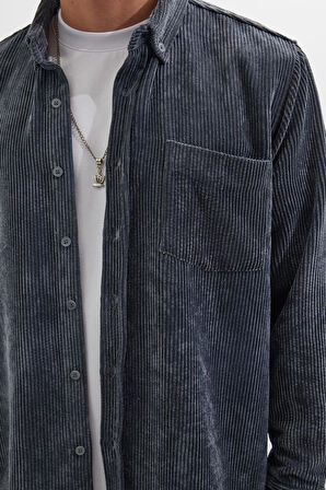 Erkek Regular Fit Rahat Kesim Fitilli Kadife Görünüm Düğmeli Yaka Gri Ceket Gömlek