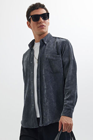 Erkek Regular Fit Rahat Kesim Fitilli Kadife Görünüm Düğmeli Yaka Gri Ceket Gömlek