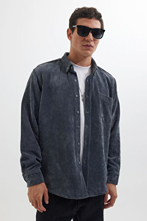 Erkek Regular Fit Rahat Kesim Fitilli Kadife Görünüm Düğmeli Yaka Gri Ceket Gömlek