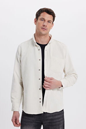 Erkek Regular Fit Rahat Kesim Fitilli Kadife Görünüm Düğmeli Yaka Krem Rengi Ceket Gömlek