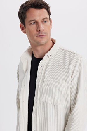 Erkek Regular Fit Rahat Kesim Fitilli Kadife Görünüm Düğmeli Yaka Krem Rengi Ceket Gömlek