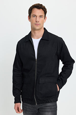 Erkek Relax Fit Rahat Kesim Çift Cep Kapaklı Fermuarlı Beli Lastikli Düz Siyah Ceket Mont Gömlek