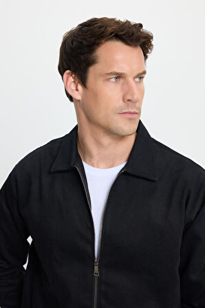 Erkek Relax Fit Rahat Kesim Çift Cep Kapaklı Fermuarlı Beli Lastikli Düz Siyah Ceket Mont Gömlek