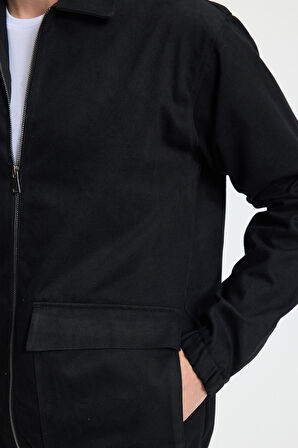 Erkek Relax Fit Rahat Kesim Çift Cep Kapaklı Fermuarlı Beli Lastikli Düz Siyah Ceket Mont Gömlek